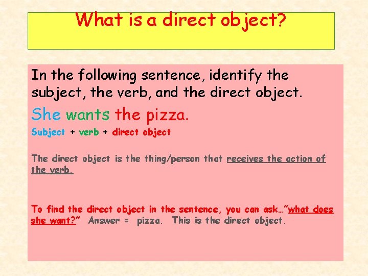 What is a direct object? In the following sentence, identify the subject, the verb,