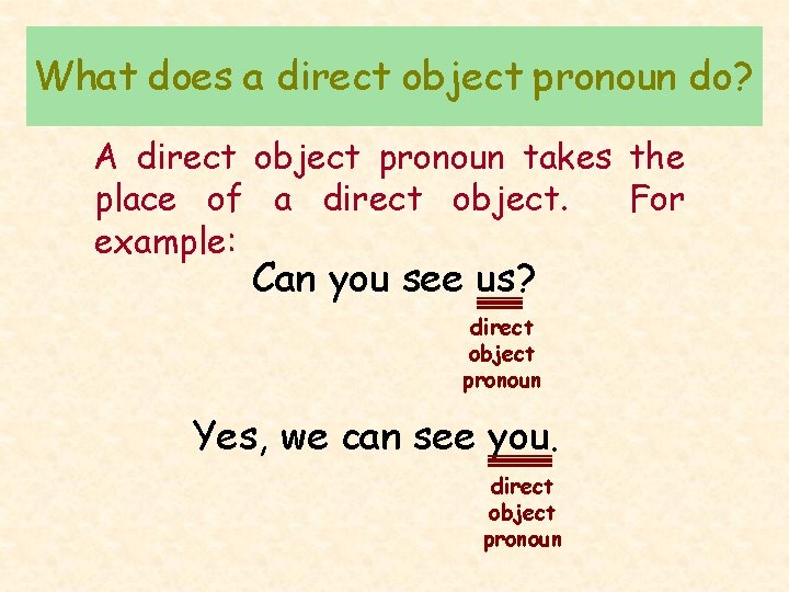 What does a direct object pronoun do? A direct object pronoun takes the place