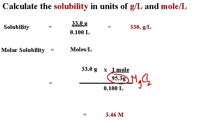 Calculate the solubility in units of g/L and mole/L Solubility = Molar Solubility =