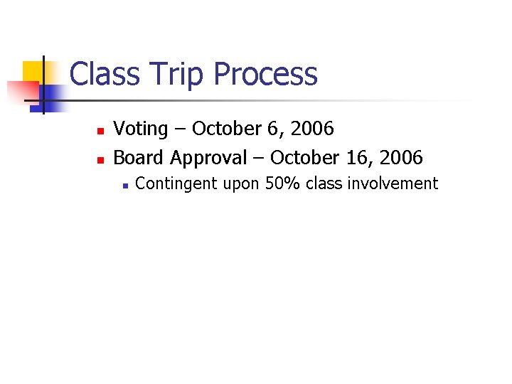 Class Trip Process n n Voting – October 6, 2006 Board Approval – October
