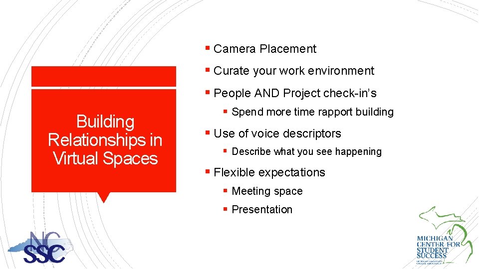 § Camera Placement § Curate your work environment § People AND Project check-in’s Building