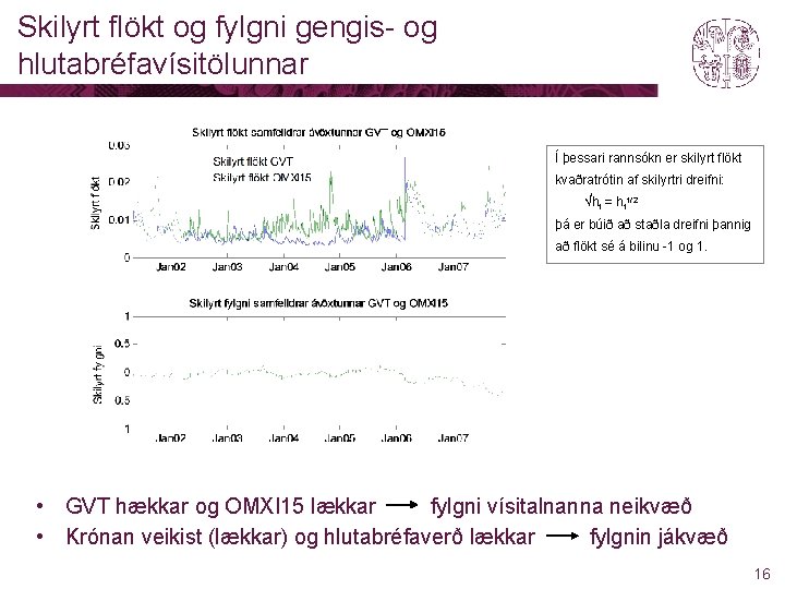 Skilyrt flökt og fylgni gengis- og hlutabréfavísitölunnar Í þessari rannsókn er skilyrt flökt kvaðratrótin