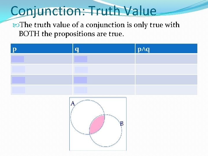 Conjunction: Truth Value The truth value of a conjunction is only true with BOTH