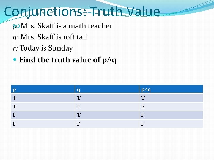 Conjunctions: Truth Value p q T T F F F T F F 