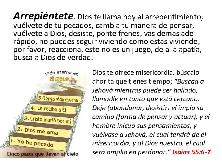 Arrepiéntete. Dios te llama hoy al arrepentimiento, vuélvete de tu pecados, cambia tu manera