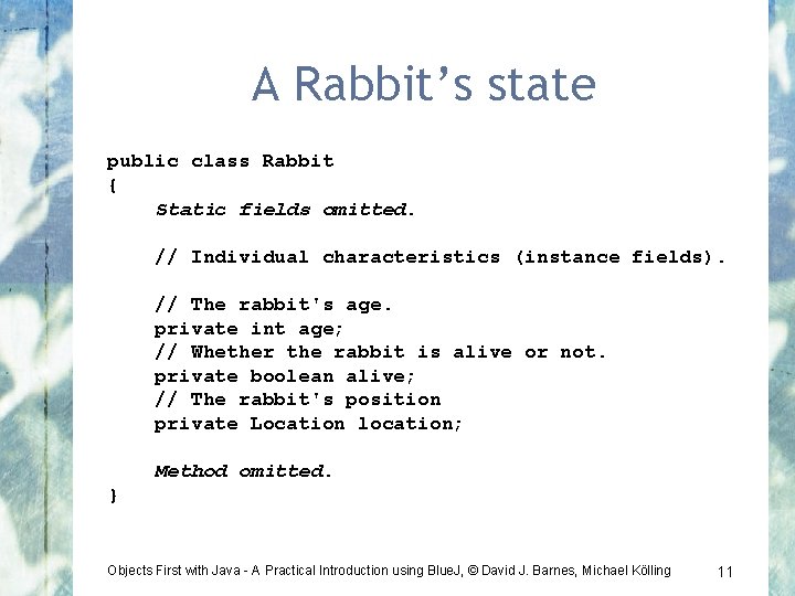 A Rabbit’s state public class Rabbit { Static fields omitted. // Individual characteristics (instance