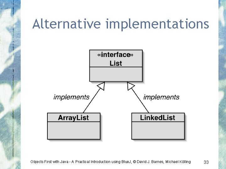 Alternative implementations Objects First with Java - A Practical Introduction using Blue. J, ©