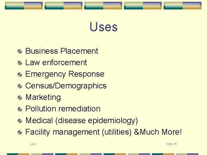 Uses Business Placement Law enforcement Emergency Response Census/Demographics Marketing Pollution remediation Medical (disease epidemiology)