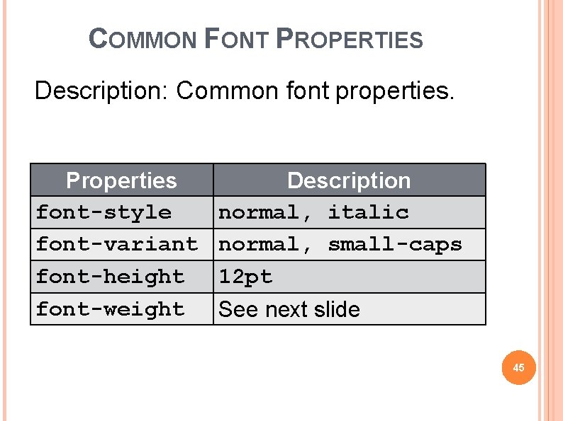 COMMON FONT PROPERTIES Description: Common font properties. Properties font-style font-variant font-height font-weight Description normal,