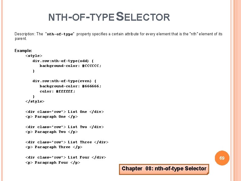 NTH-OF-TYPE SELECTOR Description: The “nth-of-type” property specifies a certain attribute for every element that