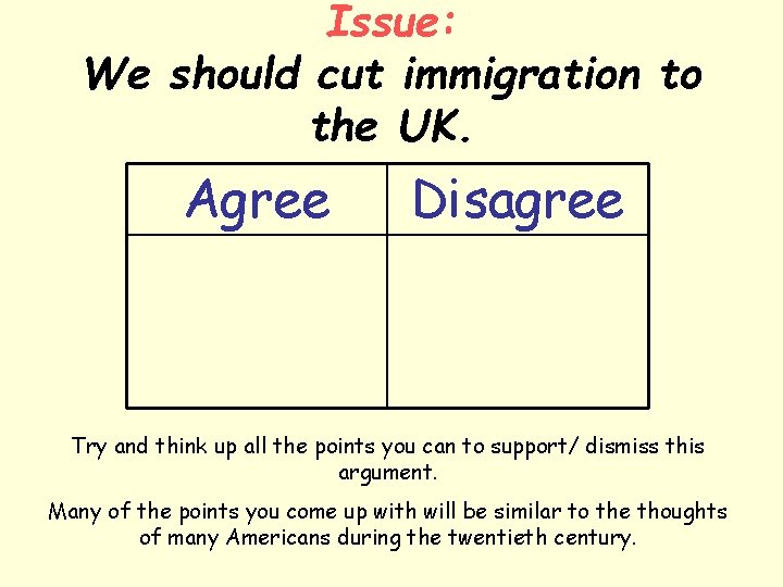 Issue: We should cut immigration to the UK. Agree Disagree Try and think up