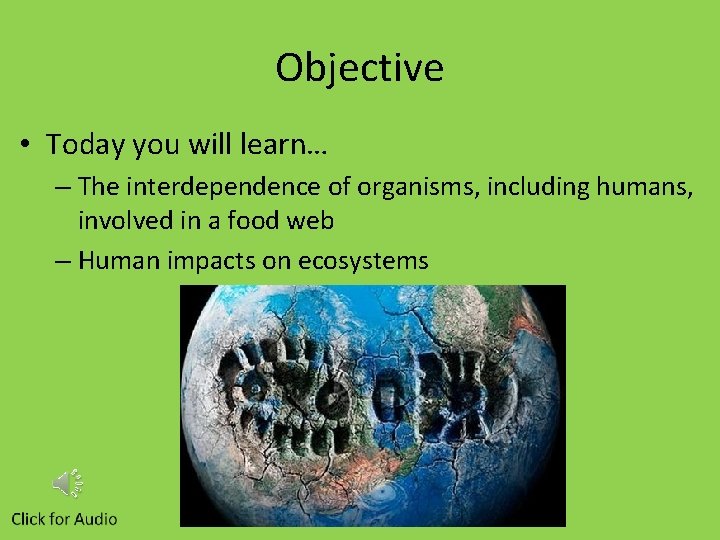 Objective • Today you will learn… – The interdependence of organisms, including humans, involved