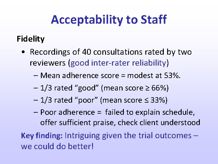 Acceptability to Staff Fidelity • Recordings of 40 consultations rated by two reviewers (good