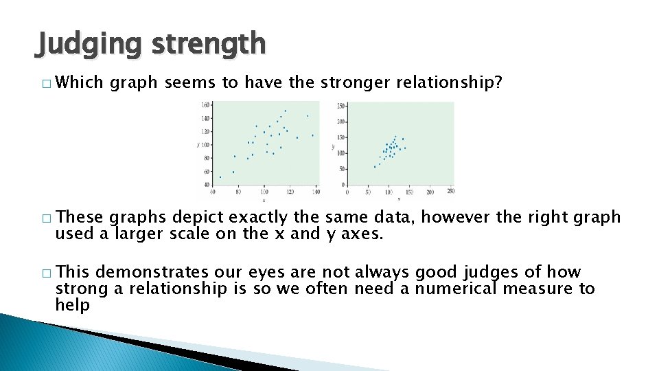 Judging strength � Which graph seems to have the stronger relationship? � These graphs