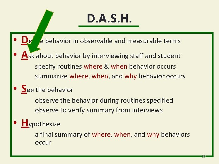 D. A. S. H. • Define behavior in observable and measurable terms • Ask