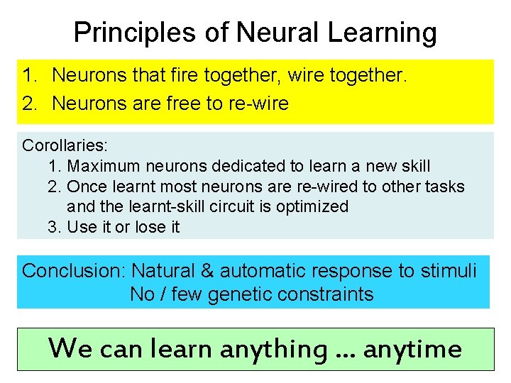 Principles of Neural Learning 1. Neurons that fire together, wire together. 2. Neurons are