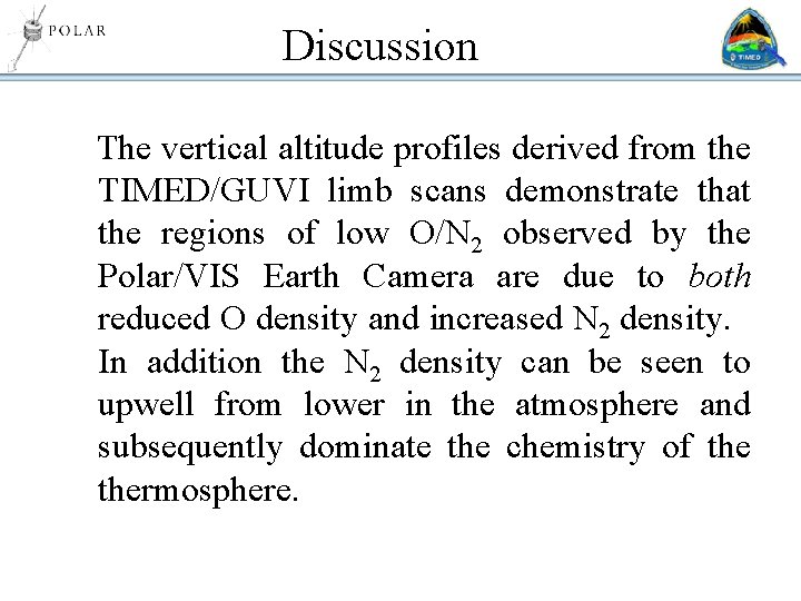 Discussion The vertical altitude profiles derived from the TIMED/GUVI limb scans demonstrate that the