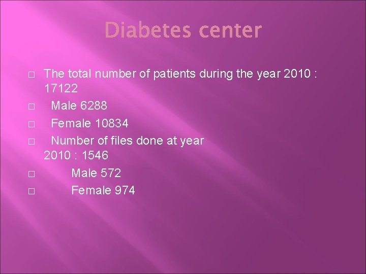 � � � The total number of patients during the year 2010 : 17122