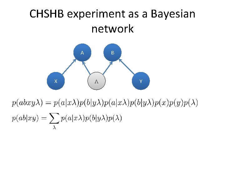 CHSHB experiment as a Bayesian network A X B L Y 