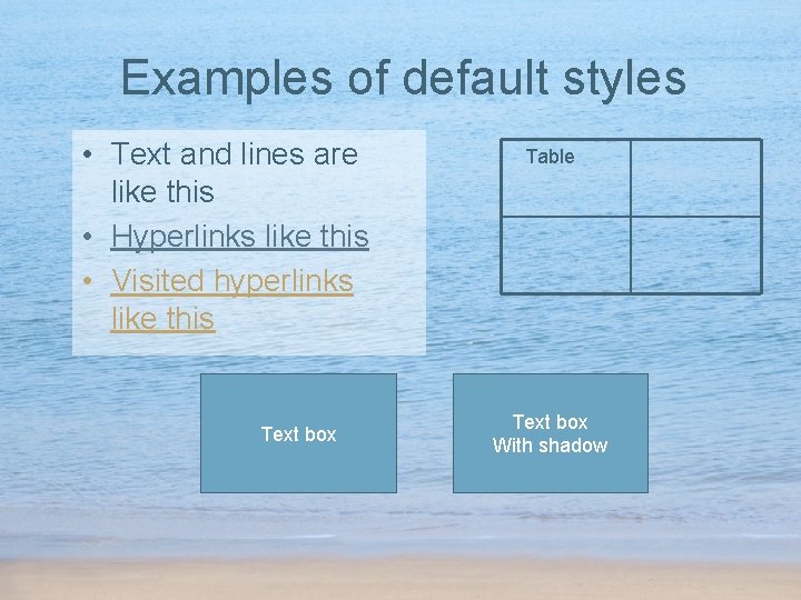 Examples of default styles • Text and lines are like this • Hyperlinks like