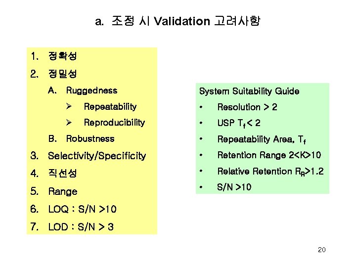 a. 조정 시 Validation 고려사항 1. 정확성 2. 정밀성 A. Ruggedness System Suitability Guide