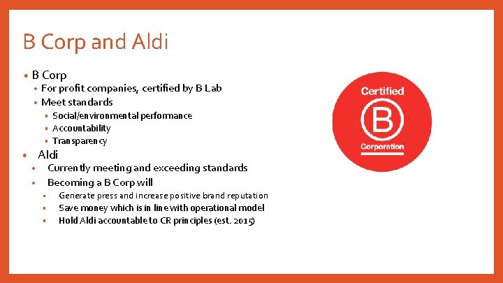 B Corp and Aldi • B Corp For profit companies, certified by B Lab