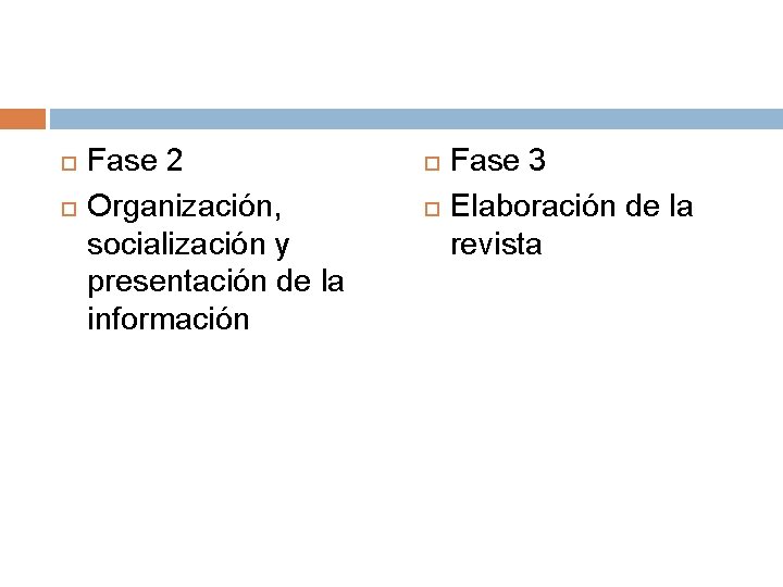  Fase 2 Organización, socialización y presentación de la información Fase 3 Elaboración de