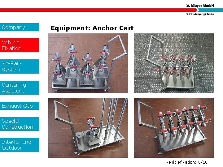 Company Equipment: Anchor Cart Vehicle Fixation XY-Rail. System Centering Assistent Exhaust Gas Special Construction