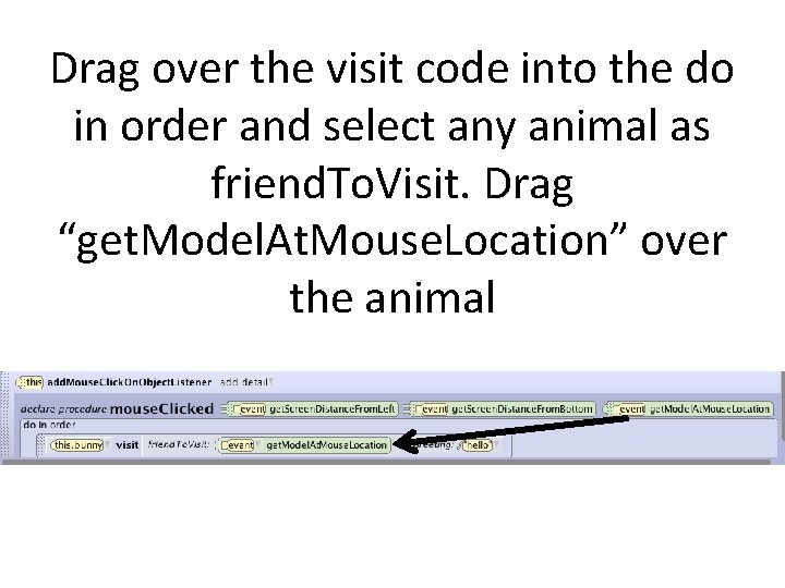 Drag over the visit code into the do in order and select any animal