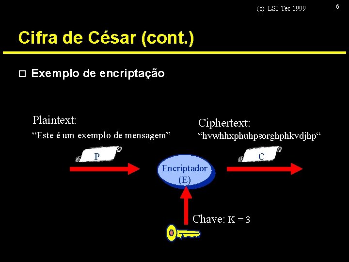 (c) LSI-Tec 1999 Cifra de César (cont. ) o Exemplo de encriptação Plaintext: Ciphertext: