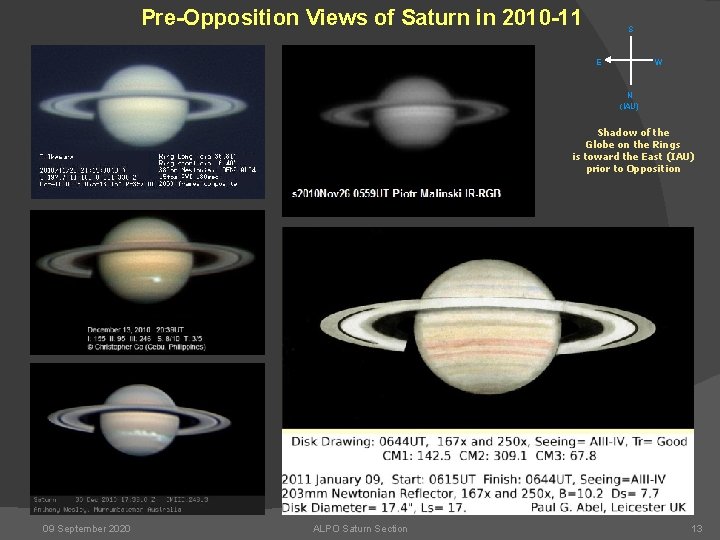 Pre-Opposition Views of Saturn in 2010 -11 S E W N (IAU) Shadow of