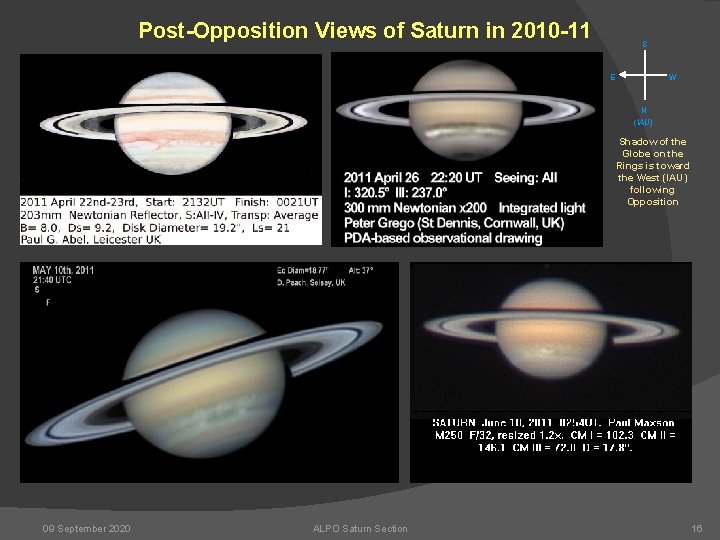 Post-Opposition Views of Saturn in 2010 -11 S E W N (IAU) Shadow of