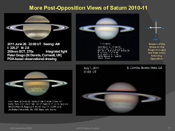 More Post-Opposition Views of Saturn 2010 -11 S E W N (IAU) Shadow of