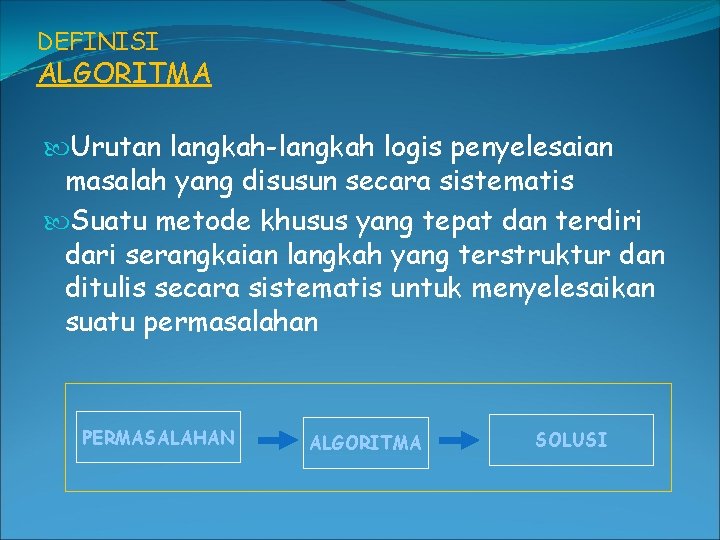 DEFINISI ALGORITMA Urutan langkah-langkah logis penyelesaian masalah yang disusun secara sistematis Suatu metode khusus