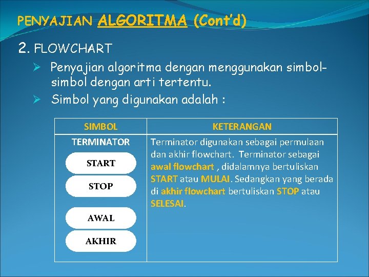 PENYAJIAN ALGORITMA (Cont’d) 2. FLOWCHART Ø Penyajian algoritma dengan menggunakan simbol dengan arti tertentu.