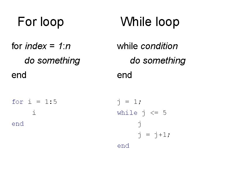 For loop While loop for index = 1: n while condition do something end