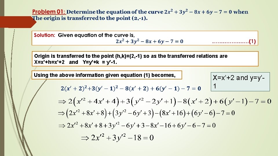  Origin is transferred to the point (h, k)=(2, -1) so as the transferred