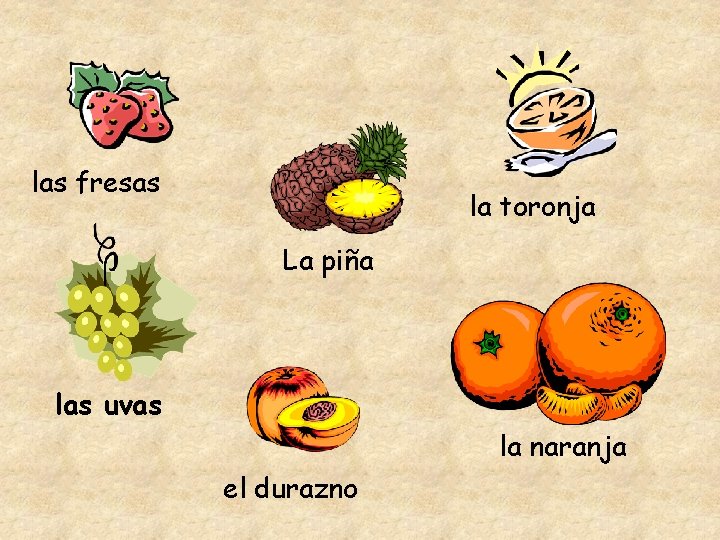 las fresas la toronja La piña las uvas la naranja el durazno 