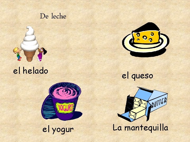 De leche el helado el yogur el queso La mantequilla 