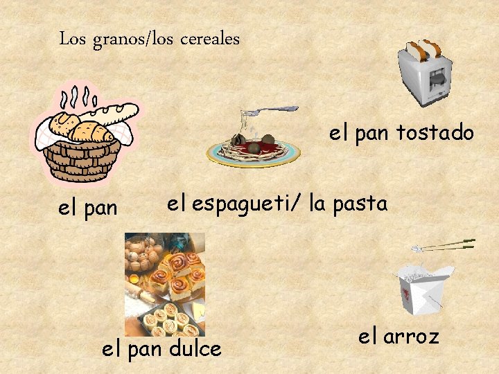 Los granos/los cereales el pan tostado el pan el espagueti/ la pasta el pan