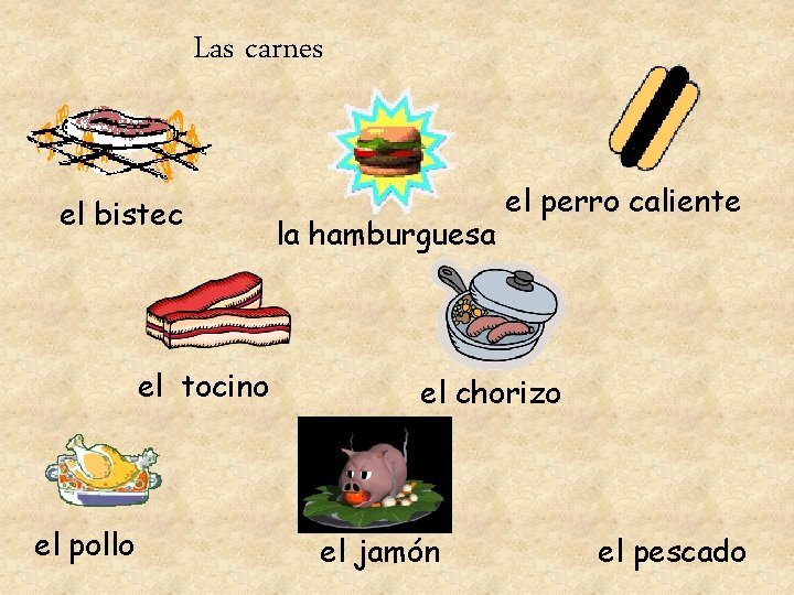 Las carnes el bistec el tocino el pollo la hamburguesa el perro caliente el