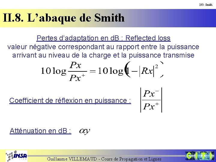 193 - Smith II. 8. L’abaque de Smith Pertes d’adaptation en d. B :