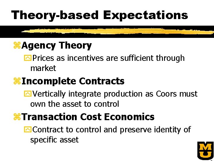 Theory-based Expectations z. Agency Theory y. Prices as incentives are sufficient through market z.