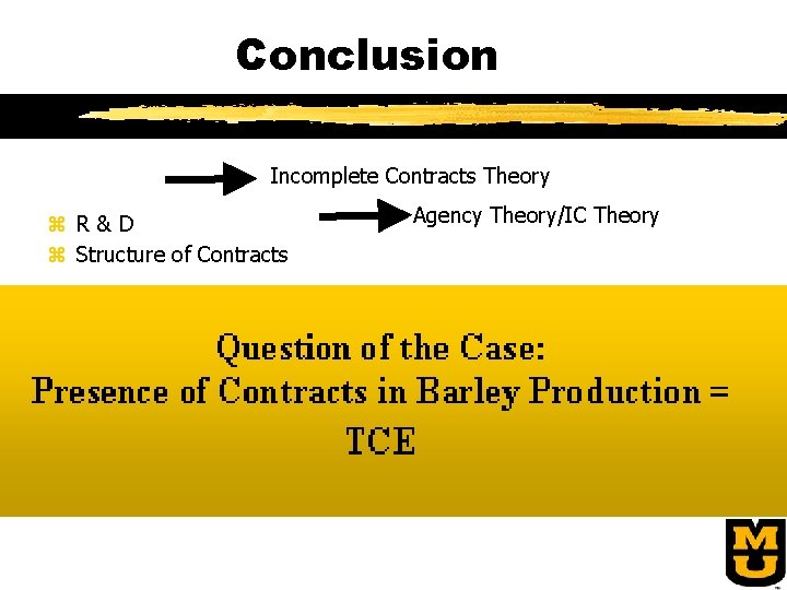 Conclusion Incomplete Contracts Theory z R&D z Structure of Contracts Agency Theory/IC Theory 