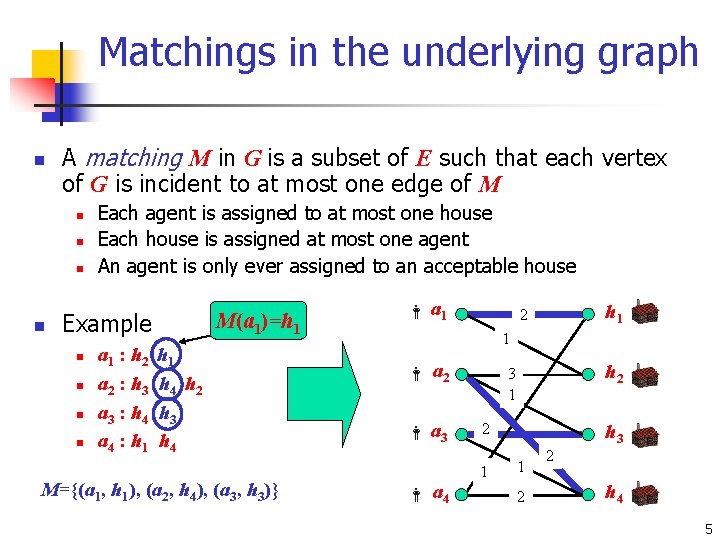 Matchings in the underlying graph n A matching M in G is a subset