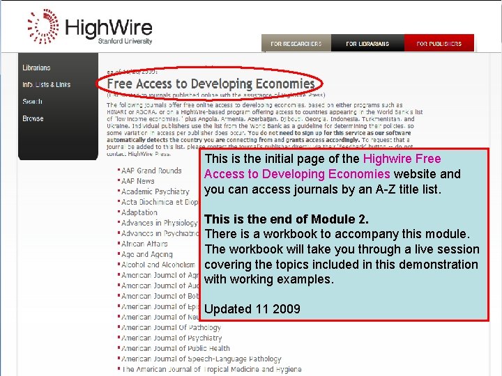 This is the initial page of the Highwire Free Access to Developing Economies website