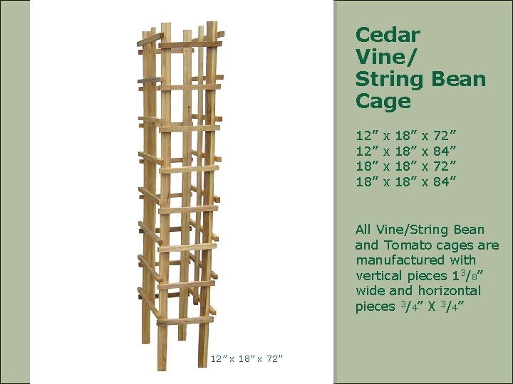 Cedar Vine/ String Bean Cage 12” 18” x x 18” 18” x x 72”