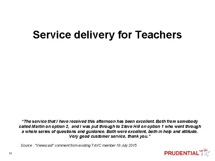  Service delivery for Teachers “The service that I have received this afternoon has