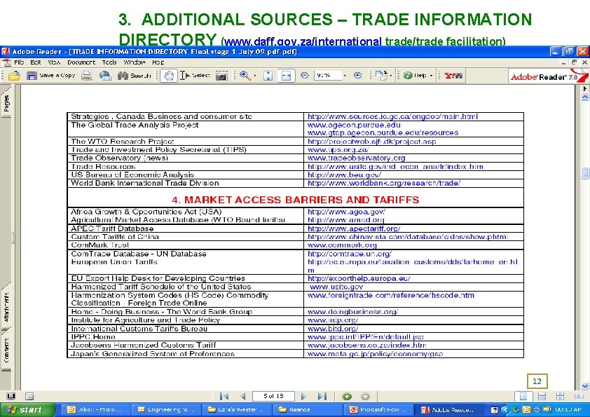 3. ADDITIONAL SOURCES – TRADE INFORMATION DIRECTORY (www. daff. gov. za/international trade/trade facilitation) 12