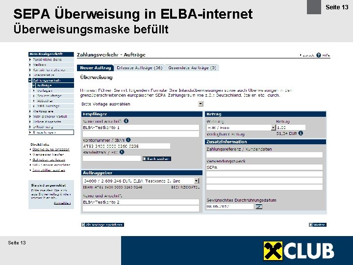 SEPA Überweisung in ELBA-internet Überweisungsmaske befüllt Seite 13 